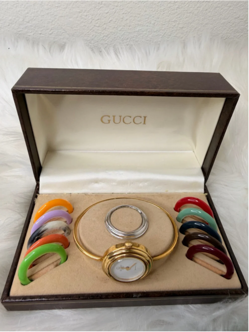 Vintage Gucci Interchangeable Bezel Bangle Watch, w/ 12 bezels, box & paperwork